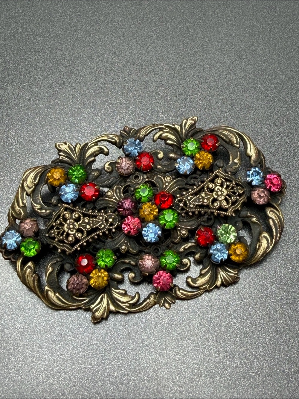 Antique Czech Multicolor Crystal Floral Brooch #cz335